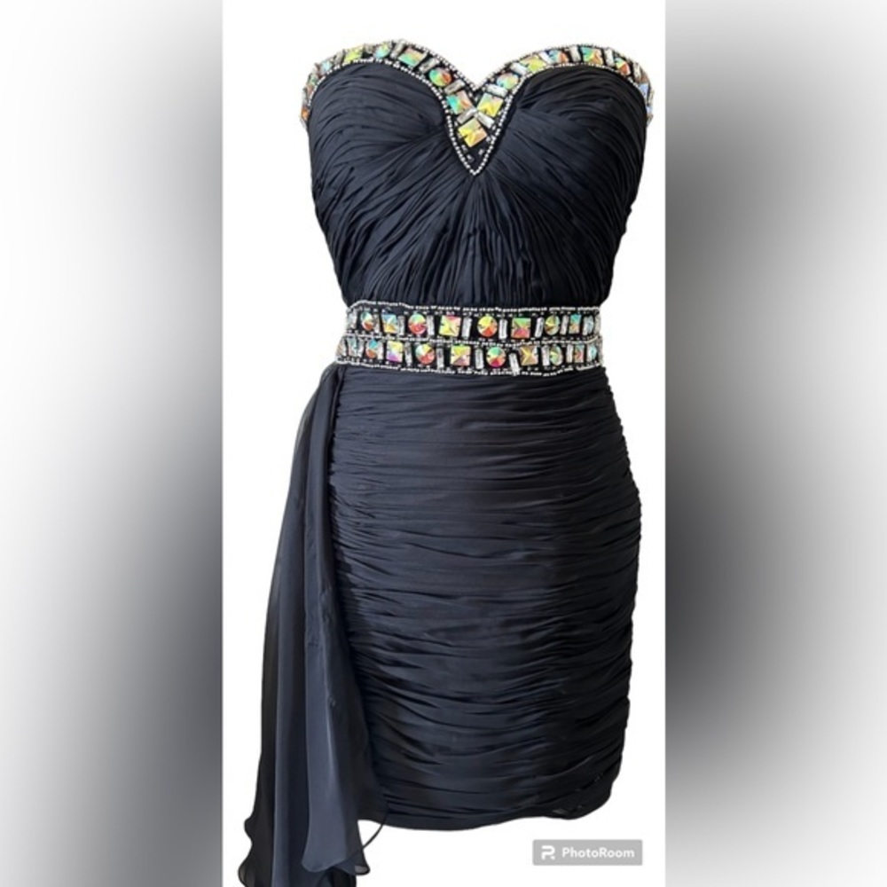 Jolene Chiffon Strapless‎ Jeweled Chiffon Tail Ruched Cocktail Dress Sz 6 $390